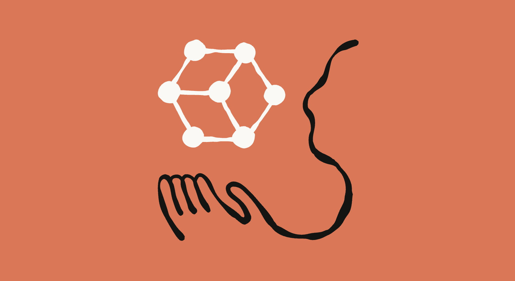 An illustration of a person holding a connected network of nodes, on a terracotta background.